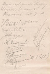 1935 QUEENSLAND v MAORIS, autograph pages (2) with on one side Queensland Rugby Union Team with 19 pencil signatures including G.Bennett, P.Vincent & V.Birmingham; on reverse Maori Touring Team with 28 signatures including G.Nepia, W.G.Phillips, J.Hemi & 