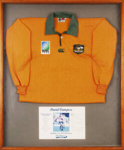 DAVID CAMPESE, display comprising signature on Wallabies 1995 World Cup jersey, framed & glazed, overall 85x105cm.