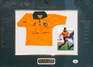 DAVID CAMPESE: Display "David Campese, 100th test, Padova, Italy, 23 October 1996", with signature on mini-jumper, window mounted with action photo, limited edition 7/500, framed & glazed, overall 62x48cm. With CoA.