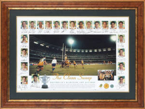 1998 WALLABIES, lithographed print "The Clean Sweep, Australia's Bledisloe Cup Victory", signed by every Wallaby that played in the series, 22 signatures including John Eales, George Gregan, Tim Horan & Stephen Larkham, limited edition 373/200, window mou