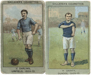 1906-53 football cards, noted 1910 Gallaher "Association Football Club Colours" [9/100]; 1922-24 Godfrey Phillips "Footballers (Pinnace Series)" (57); 1926 Players "Football Caricatures by RIP" [50]; 1927 Players "Football Caricatures by Mac" [50]; 1928 P