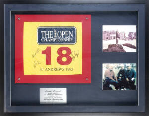 1995 BRITISH OPEN - ARNOLD'S FAREWELL, display comprising signatures of Arnold Palmer, Jack Nicklaus, Tom Watson & Raymond Floyd on 18th Hole Flag from 1995 British Open Championship, window mounted, framed & glazed, overall 104x82cm. With CoA.