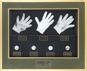 AUSTRALIAN GOLFING GREATS, display compring golf gloves signed by Steve Elkington, Peter Thomson & Wayne Grady; window mounted with golf balls signed by Greg Norman, Ian Baker-Finch, Kel Nagle & David Graham, framed & glazed, overall 81x66cm.