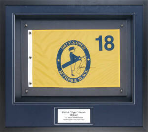 TIGER WOODS, display comprising signature on 18th Hole Flag from 2002 US Open Championship, window mounted, framed & glazed, overall 87x78cm. With CoA.