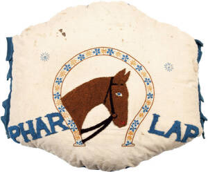 PHAR LAP: An embroidered cushion, home-made c1930, an attractive example of folk art showing Phar Lap.