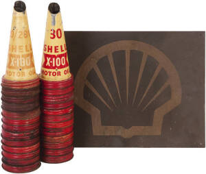 SHELL X-100 Oil pourers (51), comprising 20/20W (4), 30 (28), 40 (9), 50 (1), S.A.E.30 (1), S.A.E.40 (6) & S.A.E.50 (2); plus lids (10) & small Shell signs (3). Poor/Good condition.