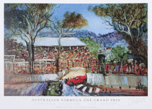 PRO HART (1928-2006): Prints "Australian Formula One Grand Prix - The Chicane" & "God Bless Australia", both signed by "Pro Hart", each 59x42cm.