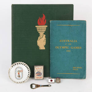 "Australian Olympic Team at Helsinki 1952" by Uren [Melbourne, 1952]; 1956 Olympics group including scarce team badges from Iceland & Japan; 1956 tickets (4), programmes (2), small ceramic wall plaque, "Carols by Candlelight" programme, map, bottle opener