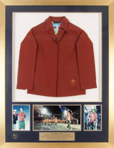 Sydney 2000 Australian Olympic Opening Ceremony Blazer, attractively window mounted with signed photographs by Australian flag bearer Andrew Gaze, athlete's oath reader Rechelle Hawkes & Ian Thorpe, limited edition 12/100, framed & glazed, overall 98x129c