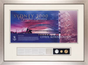 SYDNEY 2000 OLYMPIC COIN COLLECTION, "Dedication and Glory" comprising $100 gold Dedication, $10 silver Harbour Bridge & $5 bronze Rowing, limited edition 138/250, window mounted, framed & glazed, overall 96x71cm.