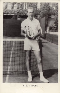 TENNIS POSTCARDS/PHOTOS: c1950s-60s postcards/photos sold at Wimbledon, comprising Ken Rosewall, Ashley Cooper, Neale Fraser, Fred Stolle, Frank Sedgman, John Newcombe, Lew Hoad, Mal Anderson & Margaret Court.