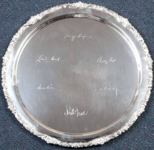 c1958 DAVIS CUP PLATE, with engraved autographs of Harry Hopman, Lew Hoad, Ashley Cooper, Merv Rose, Don Candy & Neale Fraser, Sheffield Plate (combination of silver & copper), 43cm diameter, made by Strachan. Excellent condition.