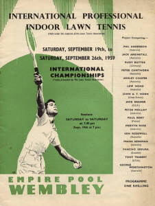 PROGRAMME & AUTOGRAPHS: 1959 programme for International Championships at Wembley (10 of the 16 tennis players are Australians); also collection of signed pieces (22) including Fred Perry, Frank Sedgman, John Newcombe, Rod Laver, Dennis Ralston, Tracy Aus