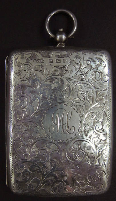 STAMP BOXES: all hallmarked sterling silver, incl. a hinged case with a floral design, 5.5 x 7.6 x 1.2cms, initials "ML', and a leather interior with several compartments; a plain case with a locking mechanism, 5 x 7.6 x 0.7cm, initials "ACF" and part lea