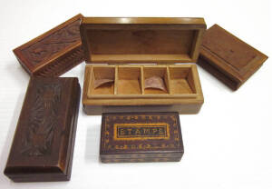 STAMP BOXES; In wood with c. 1850 lacquered Tunbridge Ware, 6.5 x 3.1 x 2cms, "STAMPS" inlaid on the lid; English made box, with 2 divisions, 7 x 5 x 2cm, basket weave pattern on the lid; hand carved box, 8.8 x 4.3 x 2.5cms with 3 divisions; box machine/h