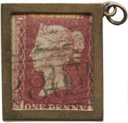 STAMP BOXES: hallmarked 9 carat gold fob, 2.2 x 2.6 x 0.3cms, with a celluloid insert; c. 1890 'Envelope' stamp case with 2 compartments, stamped "STERLING SILVER", with an eye for a chain; Sterling silver single stamp case, 'envelope design' with an eye,