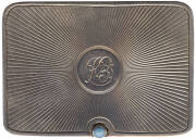 STAMP BOXES: hallmarked 9 carat gold fob, 2.2 x 2.6 x 0.3cms, with a celluloid insert; c. 1890 'Envelope' stamp case with 2 compartments, stamped "STERLING SILVER", with an eye for a chain; Sterling silver single stamp case, 'envelope design' with an eye, - 2