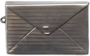 STAMP BOXES: hallmarked 9 carat gold fob, 2.2 x 2.6 x 0.3cms, with a celluloid insert; c. 1890 'Envelope' stamp case with 2 compartments, stamped "STERLING SILVER", with an eye for a chain; Sterling silver single stamp case, 'envelope design' with an eye, - 3