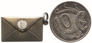 STAMP BOXES: c. 1880-1900 unusually small silver plated 'envelope' fob, 2.3 x 1.4 x 0.25cms, the ½d SA & Victoria bantum stamps do fit; Aluminium book style case with rotating draw, engraved "Washington DC"; Gilt sprung folder style fob, 5 x 3.5 x 0.6cms,