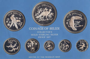 Silver group with 1975 Belize & British Virgin Islands cased proof sets, (3.8+oz ASW). 1976 Franklin Mint framed set of 6 Australian State sterling silver proof medals x45mm, cased with certificates etc. 1976 Frankiln Mint 100 greatest cars silver miniatu