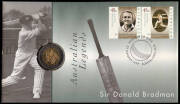Sir Donald BRADMAN group; 1997 (Jan.23) Bradman PNC with $5 Bi-metal coin (10), Presentation Pack with souvenir sheet of 10, FDC and maximum cards (10, 1 opened) plus a P.O. pack with a souvenir sheet of 10.