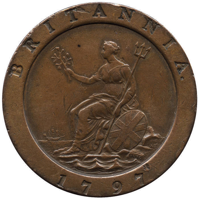 1797 Great Britain George III copper cartwheel twopence. Minor rim bumps, nice patina, VF+.