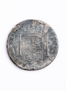 Group; Spanish silver dollars, 8 Reales, with Spain 1798, 1799, 1800 all mintmarked 'FM' & 1805 mintmark 'TH'; Peru 1798 mintmark 'IJ', Bolivia 1800 mintmark 'PP' & 1805 mintmark 'PJ'. Have been cleaned, mixed grades VG to F+. Plus a 1937 crown.