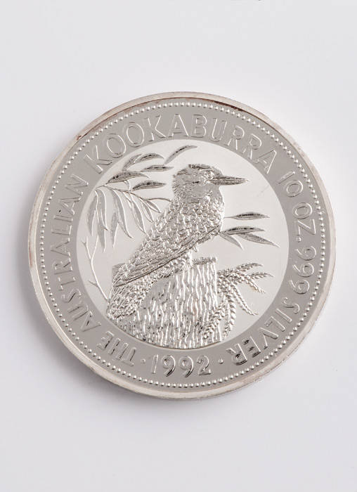 1992 $10.00 Kookaburra, SILVER Specimen 10oz. Minor scratches on the obverse.