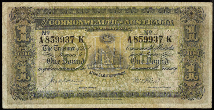 1913 (R.18e) £1 Collins/Allen, large black serial numbers with prefix and suffix letters, A859937K. One pinhole, creases but with good STRONG colour both sides. F+, seldom offered as such.