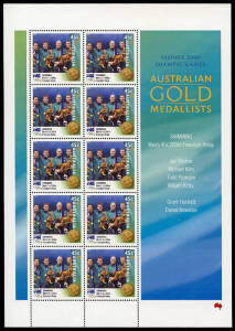 Group; 1980's-90's sheets/part sheets, 37c to $1.00, majority 45c (FV $300+). Aust. Post Year book 1999, 2000 Olympics s/sheets (16), AFL. Cent. booklet album, part roll 45s peel & stick stamps (60) and a few singles etc. Total FV $490+.