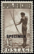 AUSTRALIAN TERRITORIES: June 1958 Post Office "SPECIMEN" folders, each containing Nauru to 5/- CTO, Norfolk Island to 5/- CTO and PNG to 10/- Map & &pound;1 Fisherman, both overprinted SPECIMEN. - 2