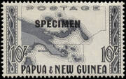 AUSTRALIAN TERRITORIES: June 1958 Post Office "SPECIMEN" folders, each containing Nauru to 5/- CTO, Norfolk Island to 5/- CTO and PNG to 10/- Map & &pound;1 Fisherman, both overprinted SPECIMEN. - 3