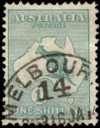 1/- Blue-Green, WATERMARK INVERTED; another example, as above but with a "MELBOURNE 14" Jan.1914 cds. Scarce. BW:30Ca - $500.