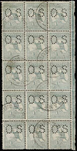 RECORD MULTIPLE: 1/- Blue-Green, perforated Small OS marginal block cancelled at BRISBANE in November 1914. Removed from a parcel label. The largest block recorded by us and a spectacular exhibit-quality piece. BW:30ba - $55 each!