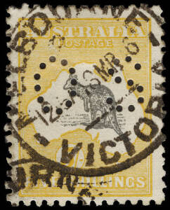 5/- Grey & Yellow, punct. small 'OS'. Cancelled Melbourne "16MR16", well centred, cat. $700.