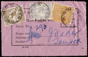 2/- Brown, in combination with 6d Milky Blue + KGV 2d Orange tied by TEMORA May 1921 cds's on a complete New South Wales Interstate Parcel Post label. A very scarce usage. The franking paid the 2/8 rate for an interstate parcel weighing 4 to 5 pounds.