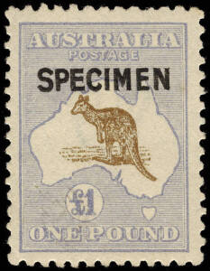 &pound;1 Chocolate & Dull Blue, o'pt "SPECIMEN" Type B. Well centred, pulled perf. at top.