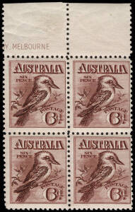 6d Kookaburra, block from top of sheet with part Imprint in margin, fresh MUH.