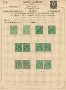 &frac12;d Green: A fine study on annotated pages including singles, blocks & pair;, examples with Watermark Inverted and Plate varieties (some noted as per BW) with shades, positional pieces, etc. including 3 examples of the "Thin fraction at right" variety. Sev