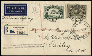 3d Airmail booklet stamp, Type B (31.75x21.5mm) together with 6d K'ford Smith on 1936 regd. airmail cover, Canberra - Sydney. Endorsed from the Franklin D. Roosevelt collection.
