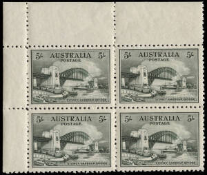 1932 5/- Sydney Harbour Bridge, upper left corner block; superb MUH (MLH in top margin).