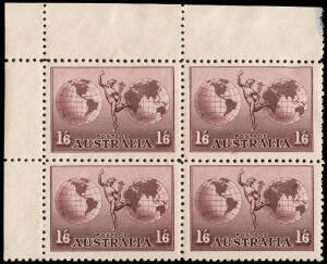 1934 1/6 Hermes (No wmk) upper left corner block; with a couple of nibbed perfs at right.