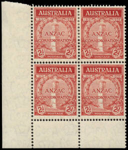 1925 2d & 1/- ANZAC and 3d & 2/- Jubilee; all in corner blocks of 4, each with 2 units MUH, 2 MLH.