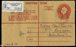 1965 (BW:R44) QEII 2/5d bright-red/yellow, embossing printed in Helecon ink: 3 examples used 1966 (Jan.) from Carnegie, Chelsea and Bundoora - Melbourne. Cat.$300.