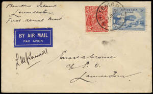 1 May 1931 (AAMC.198, 267-8) Melbourne - Hobart flown cover with large circular cachet; also, 7 June 1932 Launceston - Whitemark flown registered cover, signed by pilot L Johnson, and Whitemark - Launceston return flight cover, also signed by Johnson. [40