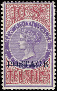 1894 (SG.275b) 10/- violet & claret, perf. 12 x 11, optd. 'POSTAGE' in blue. Superb. Cat.&pound;250.