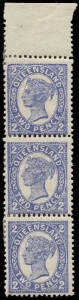 1911 (ACSC.Q5b,13b,22b & 27b) &frac12;d blue-green, lower cnr. blk of 6, 1d vermilion, 2d blue and 3d brown top marginal strips of 3 all with the variable vert perf. gauges. Minor faults, a scarce group, cat. ACSC. 2004 $725.