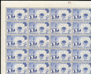 1957-61 (SG.1,6 & 7) 1957 2/- blue, sheet of 60 with perf. pips at L & R. 1961 5d blue sheet of 120 with "Weak entry at left" on 2 units, R. 1 & 2/5. 5d Mawson sheet of 120 with perf. pips at L. A couple of minor faults otherwise fine.
