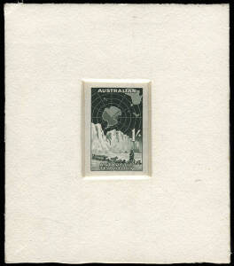 1959 (SG.4) 1/- deep blue-green DIE PROOF on white wove paper; imperforate and mounted in sunken card, with CBA handstamp on reverse. One of only nine produced, this one from the Estate of W.L. Russell (Stamp Advisory Committee) numbered "19". Superb. BW: