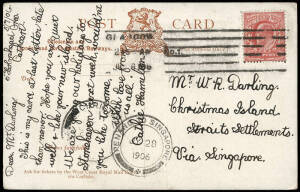 1906 (July 6) RP postcard from GLASGOW, SCOTLAND bearing 1d Edward; addressed to "Mr.W.R. Darling, Christmas Island, Straits Settlements via Singapore" with double circle "PENANG TO SINGAPORE JY 28 1906" transit cds and "CHRISTMAS ISLAND AU 1906" [Proud T